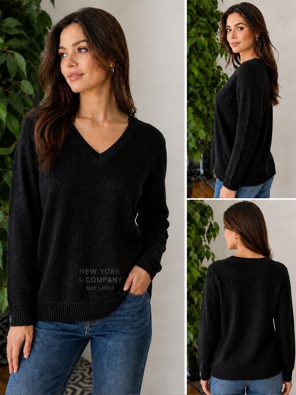 NEW YORK & COMPANY Black Shimmer V-Neck Sweater Size Large